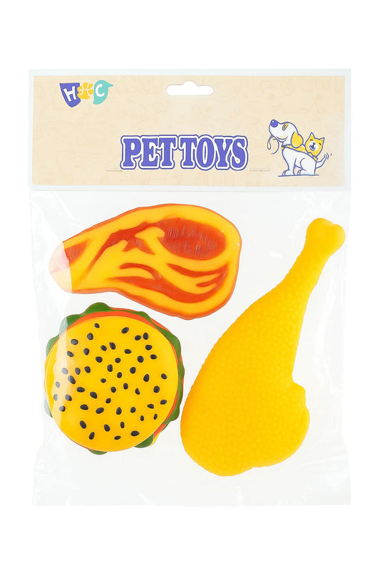 Set jucării pentru câini – 3 bucăți din latex, model mâncare (burger, pulpă, friptură)